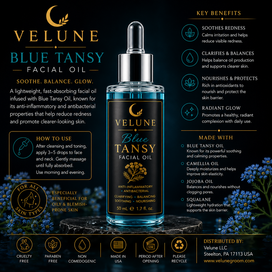 Velune Blue Tansy Facial Oil | 50 mL (1.69 fl oz)