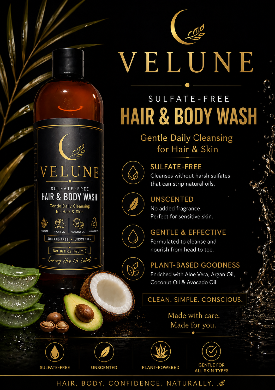 VELUNE Sulfate-Free Hair & Body Wash – Unscented (16 oz)